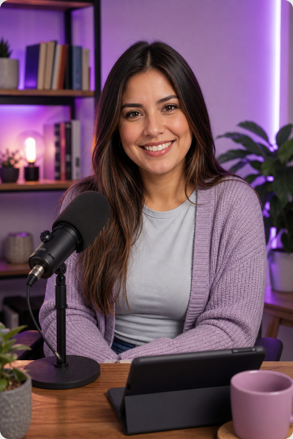 Creadora de contenido sonriendo frente a su micrófono